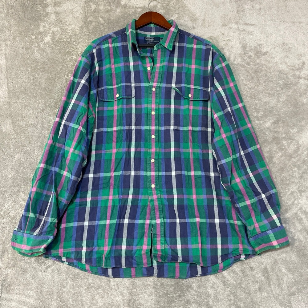 Polo Ralph Lauren Rugged Flannel Shirt Men's XXL Green Cotton Whitfield Plaid